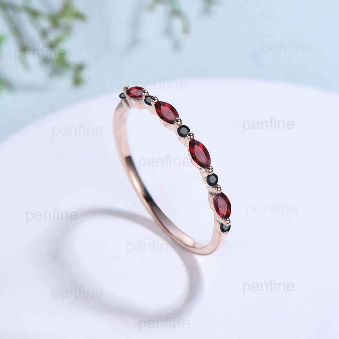 Garnet Black Spinel Eternity Wedding Band, Rose Gold Art Deco Anniversary Ring - PENFINE