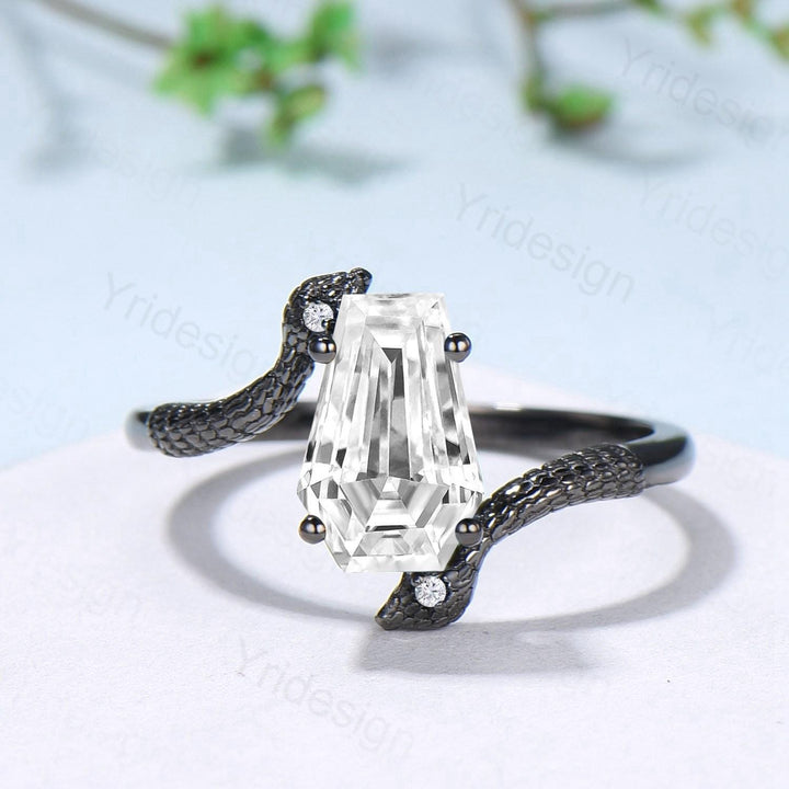 Coffin Cut Moissanite Snake Ring Gothic Black Gold Engagement Ring, Three Stone - PENFINE