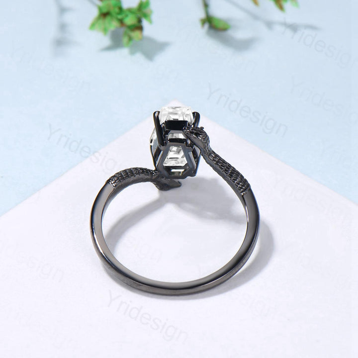 Coffin Cut Moissanite Snake Ring Gothic Black Gold Engagement Ring, Three Stone - PENFINE