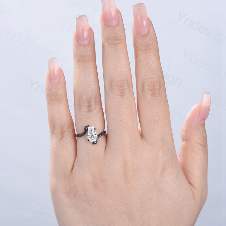 Coffin Cut Moissanite Snake Ring Gothic Black Gold Engagement Ring, Three Stone - PENFINE