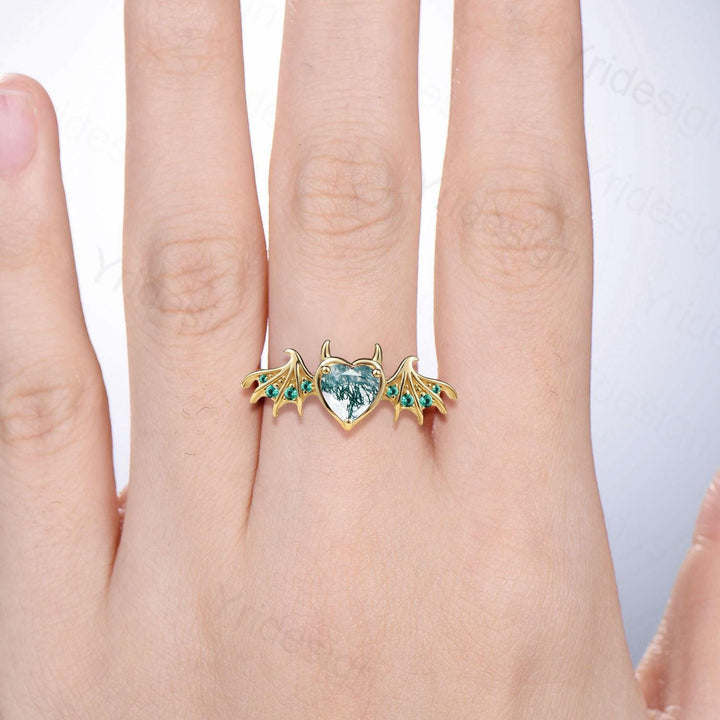 Heart Moss Agate Bat Ring, Lab Emerald Gold Fantasy Ring - PENFINE