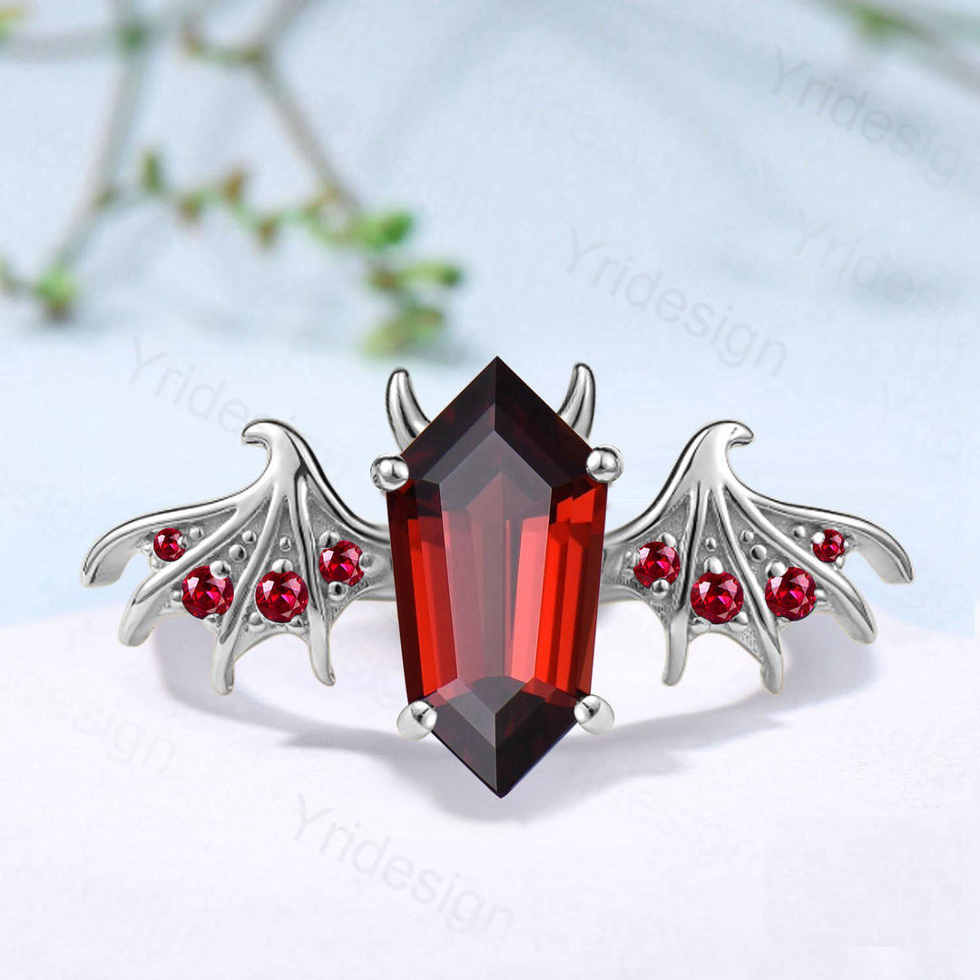 Gothic Bat Wing Garnet Ring, Shield Engagement Ring, Handmade - PENFINE