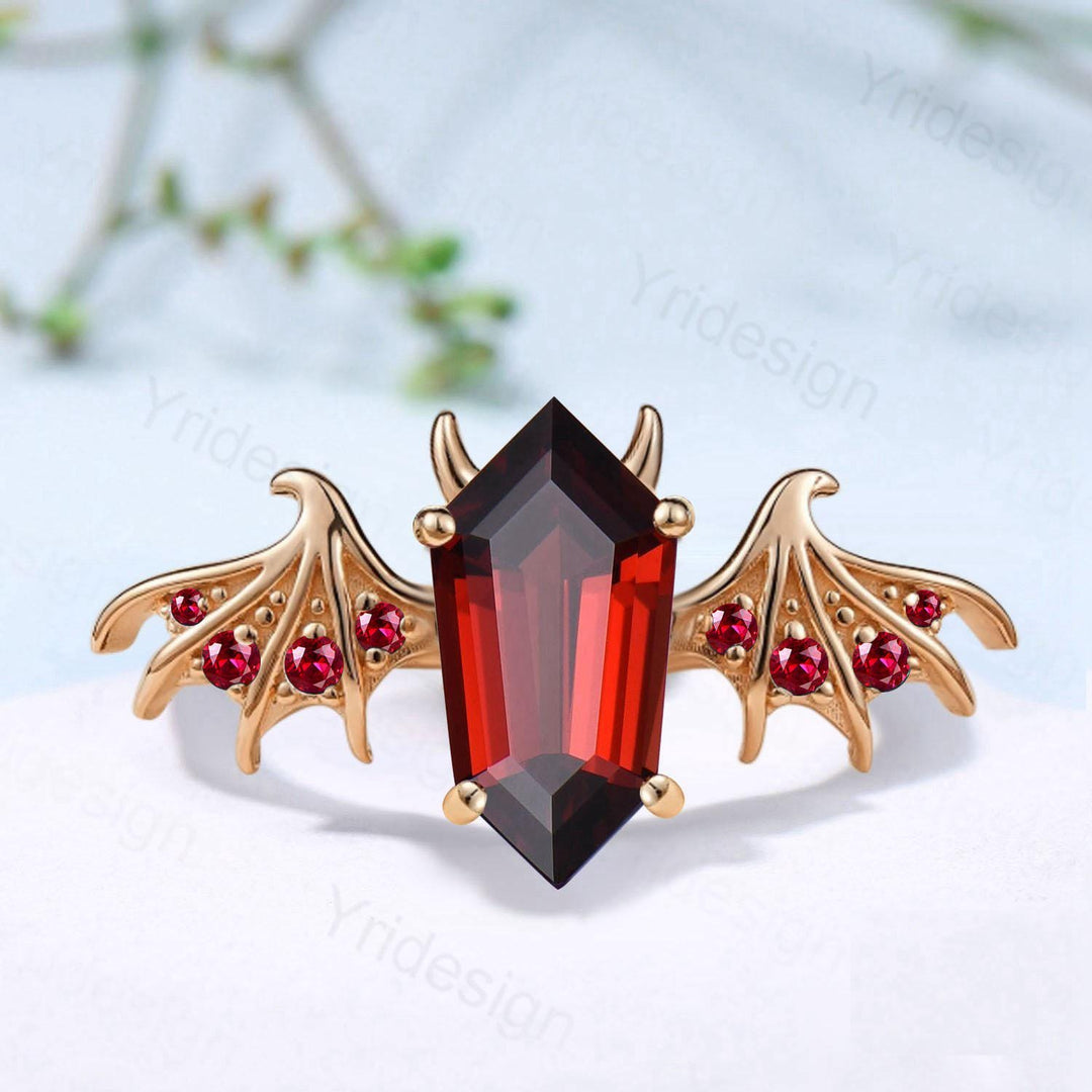 Gothic Bat Wing Garnet Ring, Shield Engagement Ring, Handmade - PENFINE