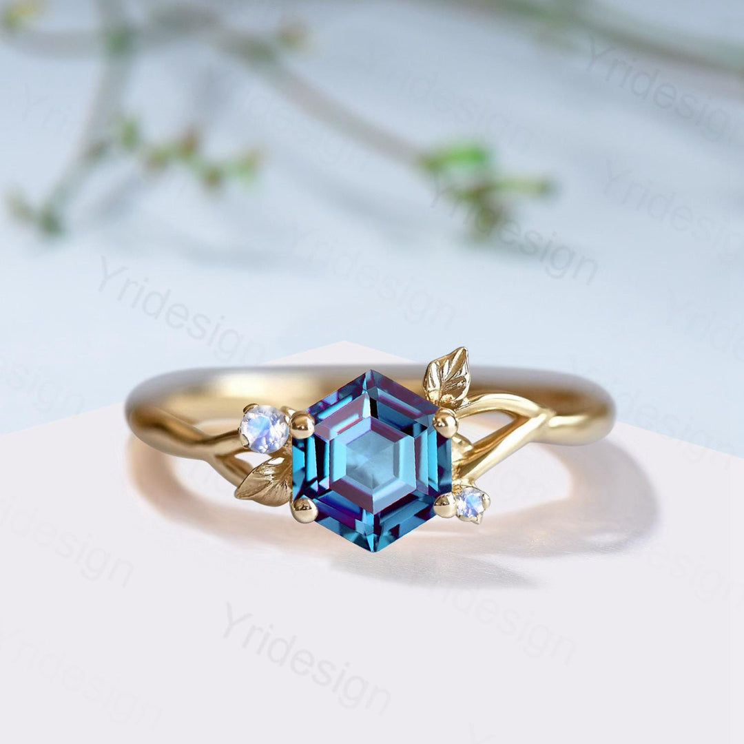 Hexagon Cut Alexandrite Engagement Ring, Nature Inspired Leaf Twig Gold Moonstone Ring - PENFINE