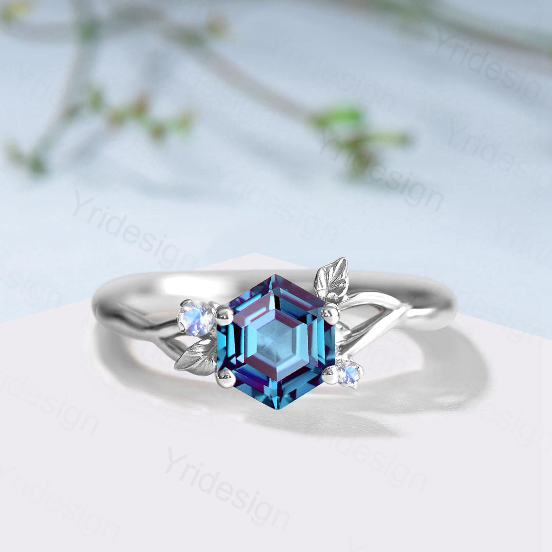 Hexagon Cut Alexandrite Engagement Ring, Nature Inspired Leaf Twig Gold Moonstone Ring - PENFINE