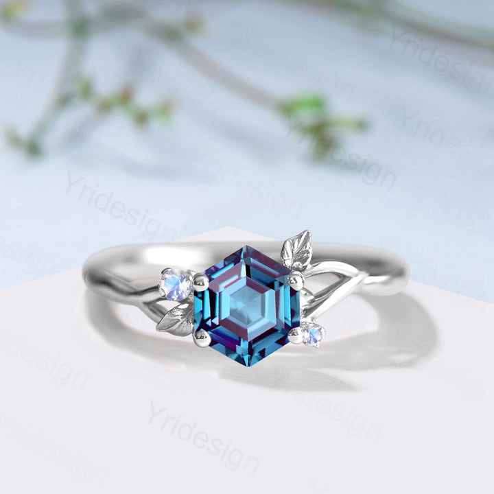 Hexagon Cut Alexandrite Engagement Ring, Nature Inspired Leaf Twig Gold Moonstone Ring - PENFINE