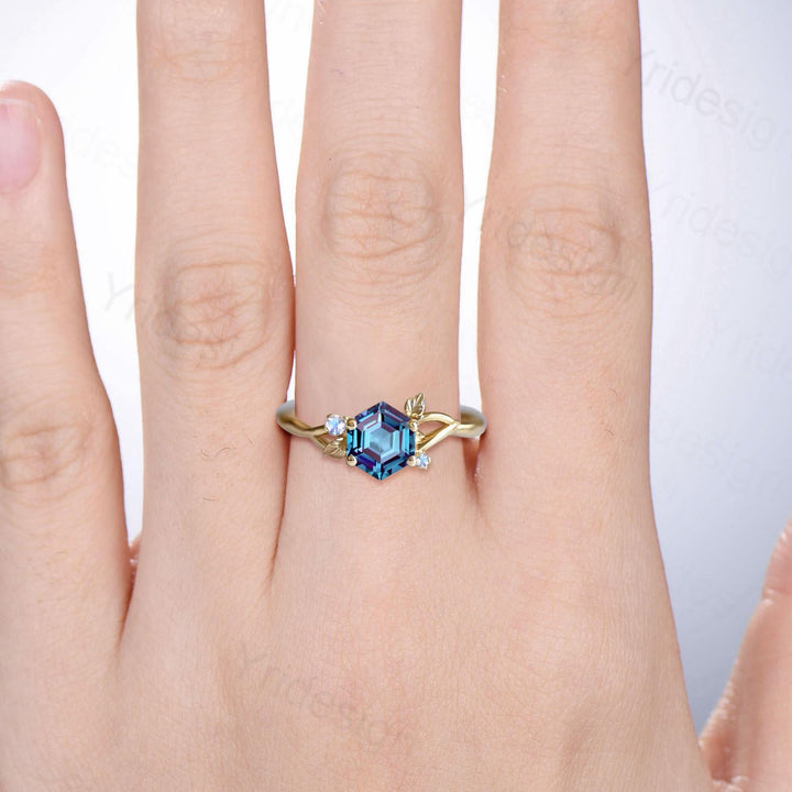 Hexagon Cut Alexandrite Engagement Ring, Nature Inspired Leaf Twig Gold Moonstone Ring - PENFINE