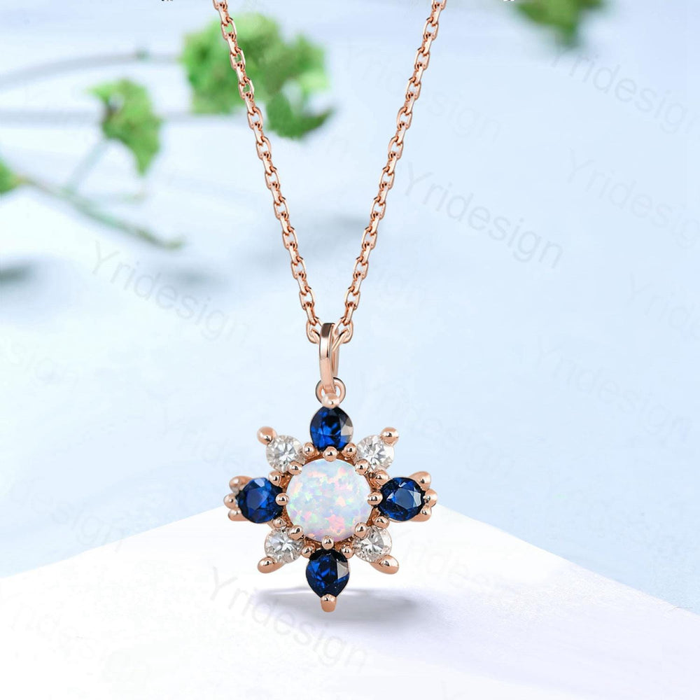 Vintage Opal Sapphire Pendant Necklace, Silver Rose Gold & Moissanite Accent Floral Style - PENFINE