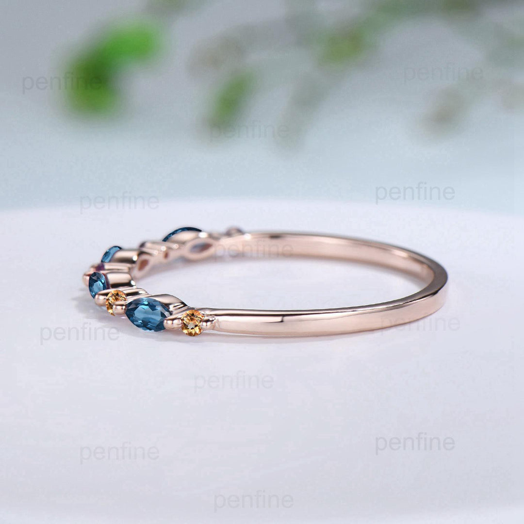Rose Gold London Blue Topaz & Citrine Stacking Ring, Dainty Marquise Gemstone Eternity Band, Unique Art Deco Inspired Statement Jewelry - PENFINE