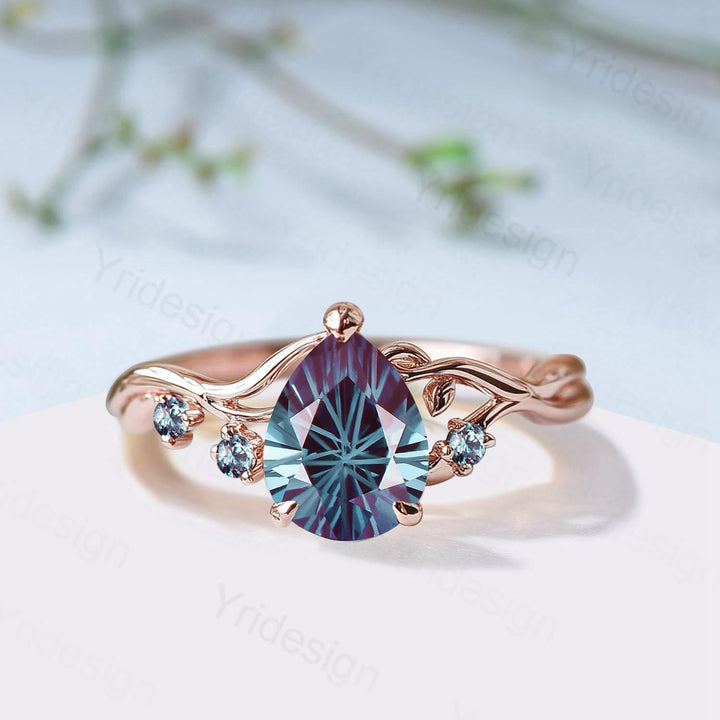 Unique Pear Shaped Firework Cut Alexandrite Engagement Ring, Nature Inspired Leaf Twig Gold Ring - PENFINE