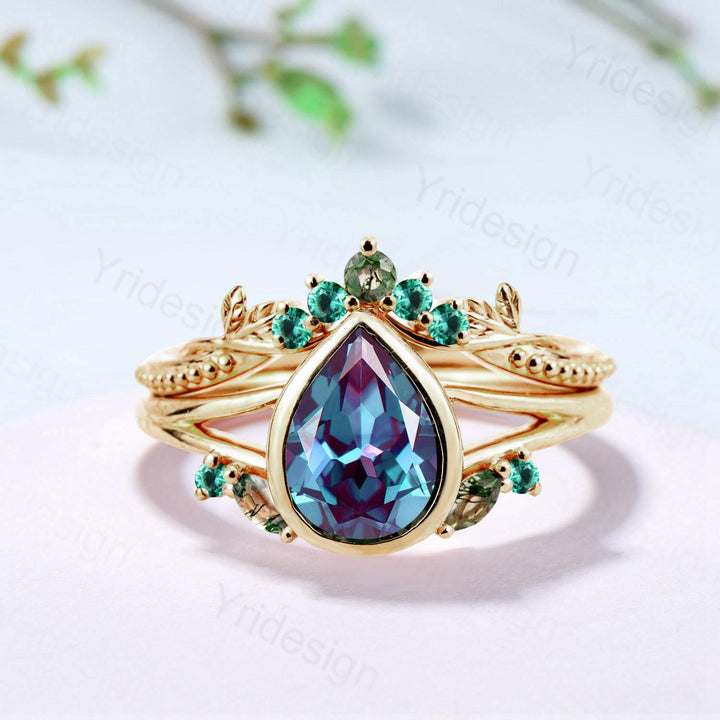 Split Shank Pear Shaped Alexandrite Engagement Ring Set, Bezel Set, Marquise Cut Moss Agate and Emerald Cluster Ring, Gold Leaf Wedding Set - PENFINE