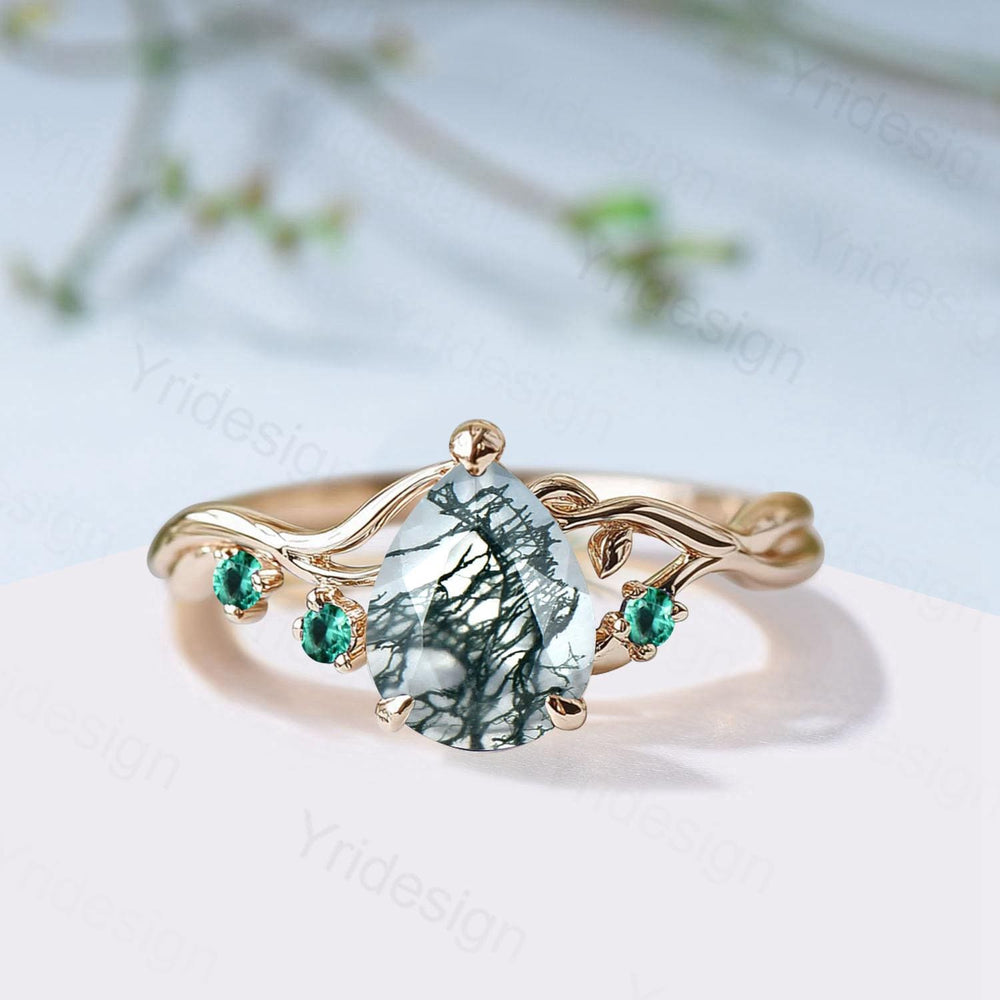 Moss Agate Engagement Ring with Emerald Accents, Rose Gold Nature-Inspired Twig Ring, Unique Handcrafted Botanical Jewelry for Her - PENFINE