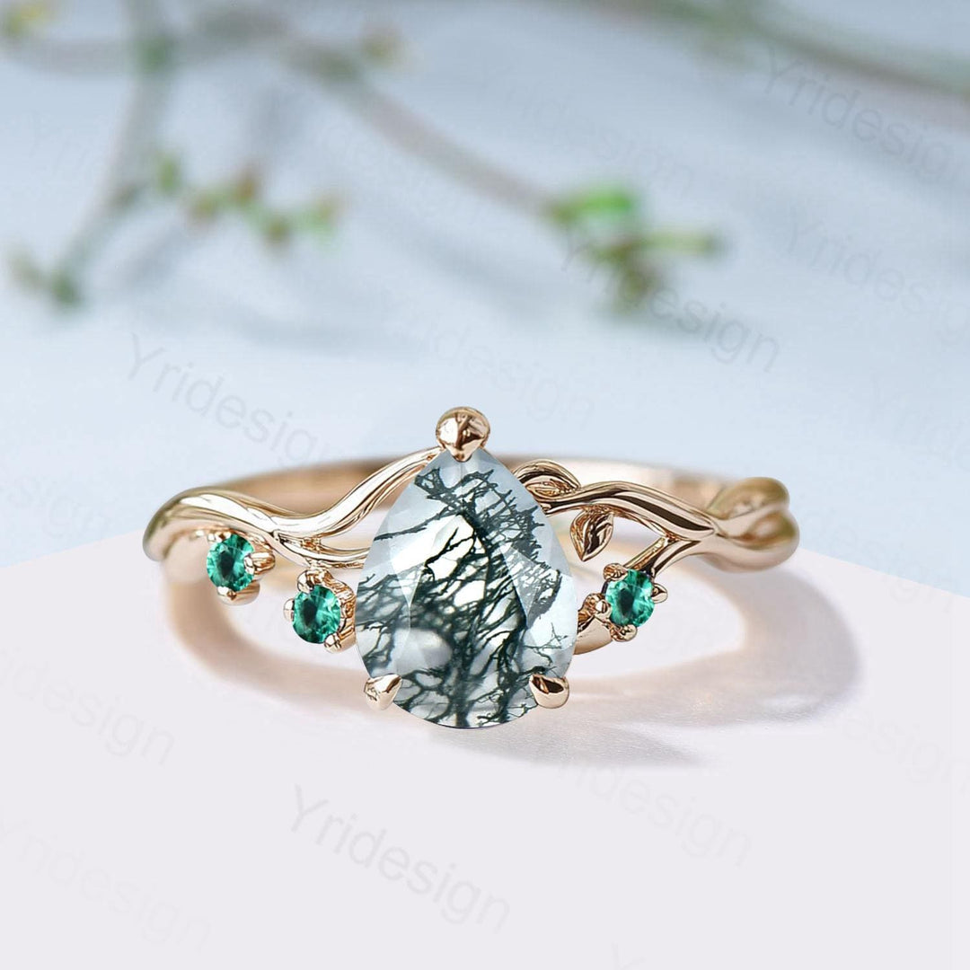 Moss Agate Engagement Ring with Emerald Accents, Rose Gold Nature-Inspired Twig Ring, Unique Handcrafted Botanical Jewelry for Her - PENFINE