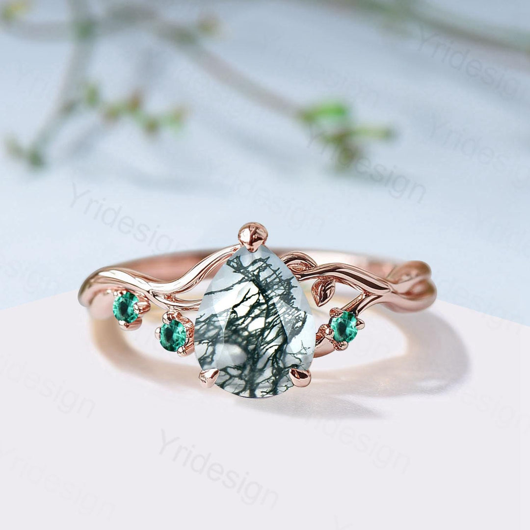 Moss Agate Engagement Ring with Emerald Accents, Rose Gold Nature-Inspired Twig Ring, Unique Handcrafted Botanical Jewelry for Her - PENFINE