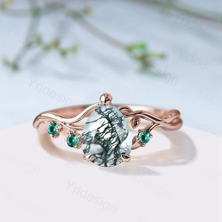 Moss Agate Engagement Ring with Emerald Accents, Rose Gold Nature-Inspired Twig Ring, Unique Handcrafted Botanical Jewelry for Her - PENFINE