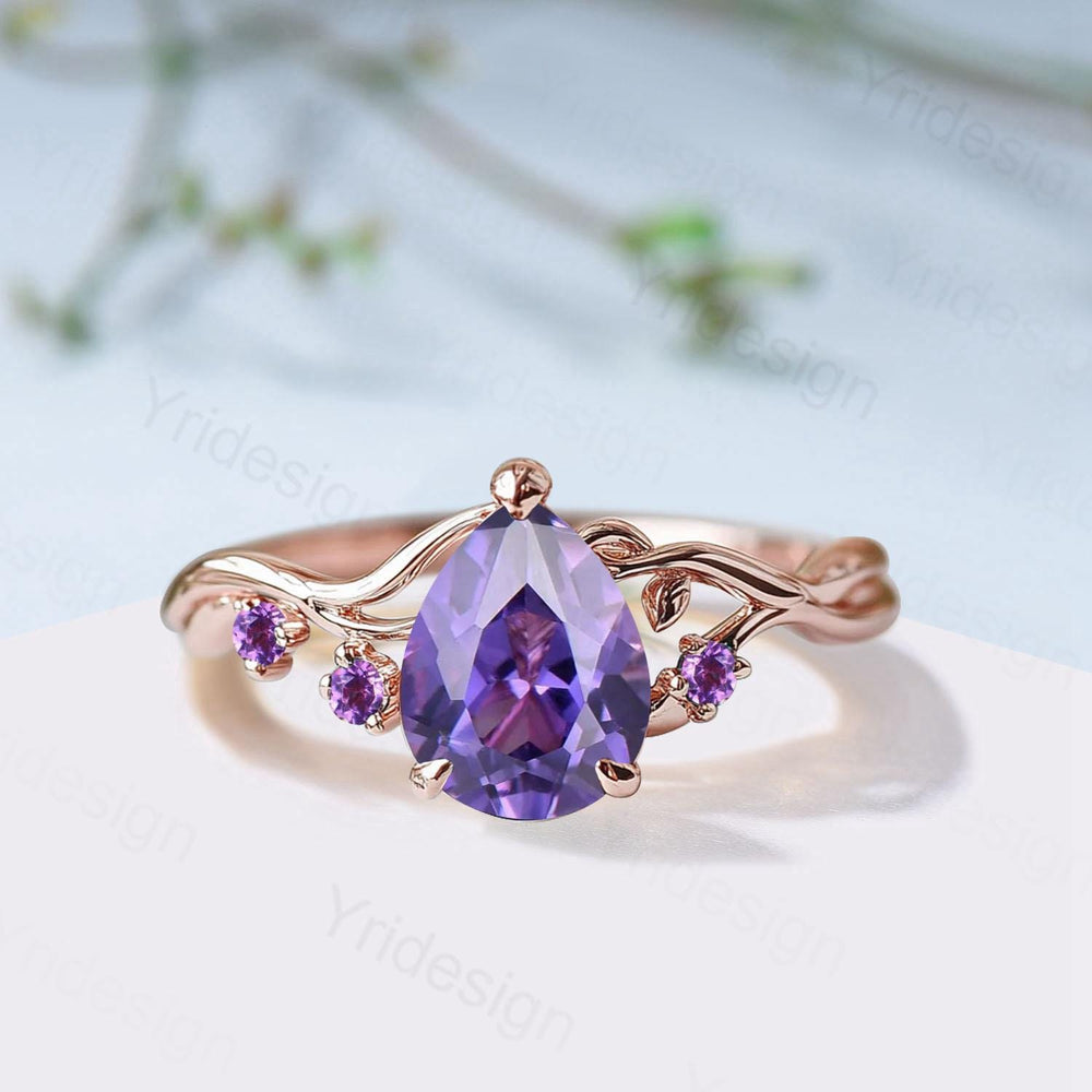 Vintage Pear Shaped Purple Sapphire Engagement Ring, Nature Inspired Leaf Twig Gold Ring, Accent Amethyst Split Shank Anniversary Ring - PENFINE