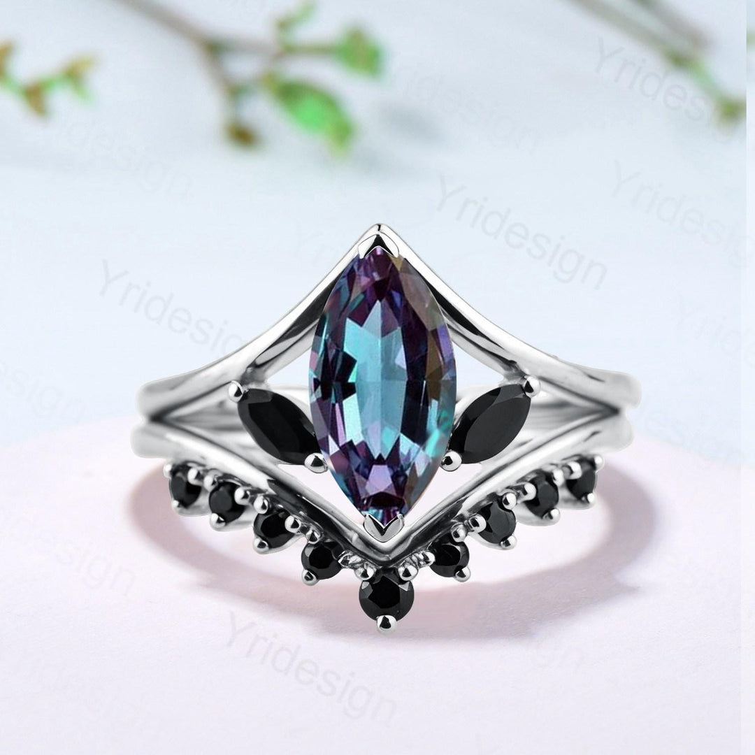 Marquise Alexandrite Engagement Ring Set, Black Spinel Accent, Vintage Style - PENFINE