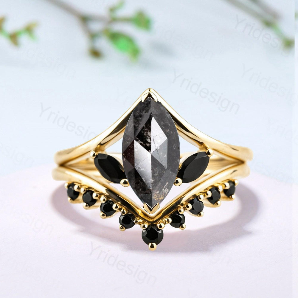 Marquise Salt and Pepper Diamond Ring Set, Black Spinel Accent, Handmade - PENFINE