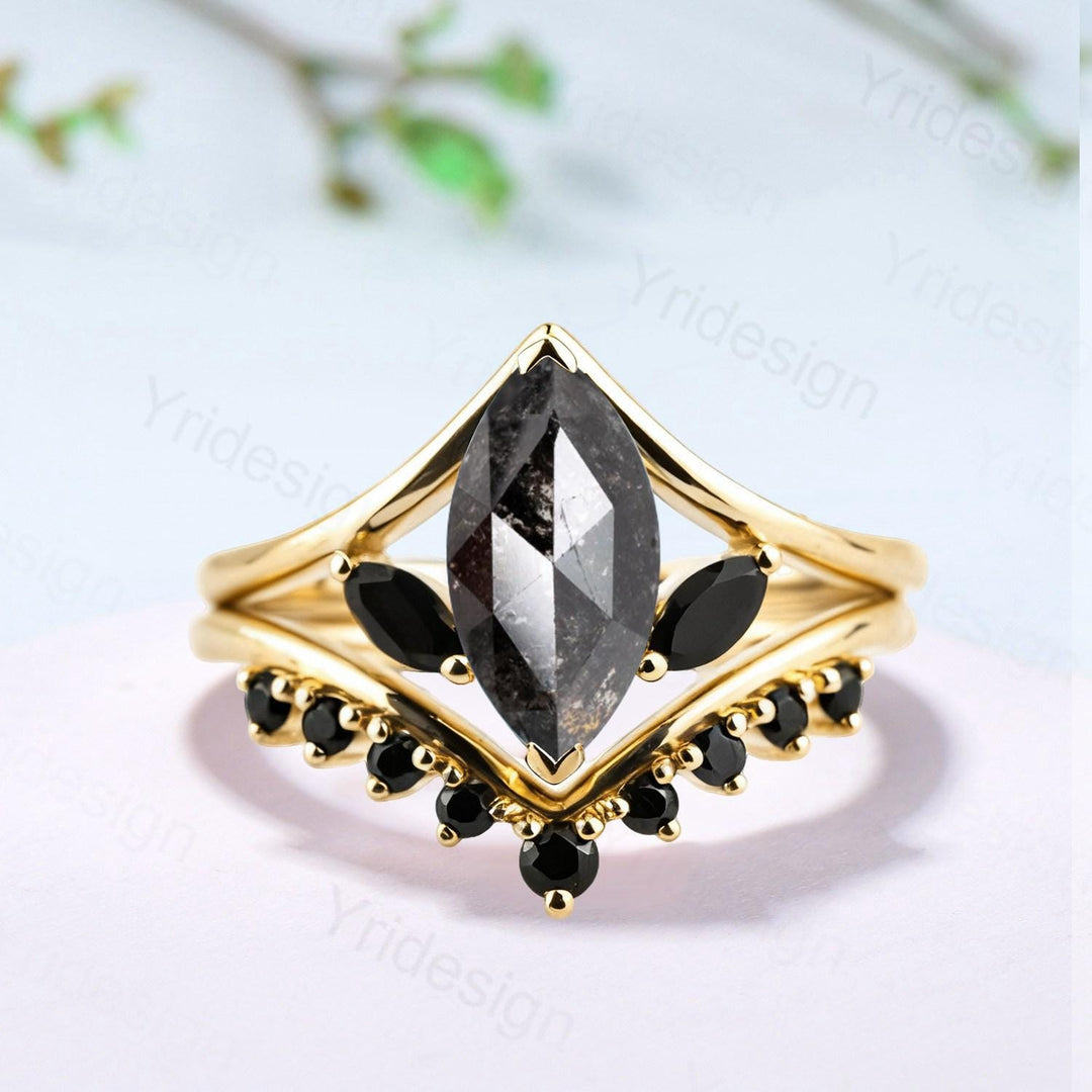 Marquise Salt and Pepper Diamond Ring Set, Black Spinel Accent, Handmade - PENFINE