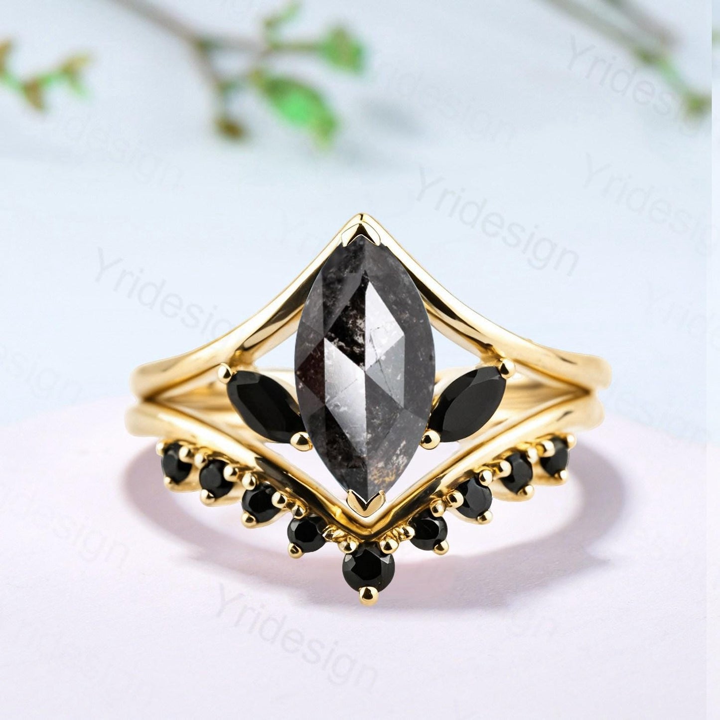 Marquise Salt and Pepper Diamond Ring Set, Black Spinel Accent, Handmade - PENFINE