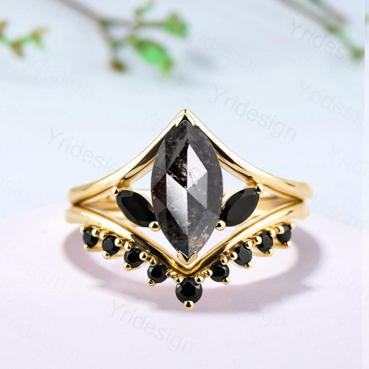 Marquise Salt and Pepper Diamond Ring Set, Black Spinel Accent, Handmade - PENFINE
