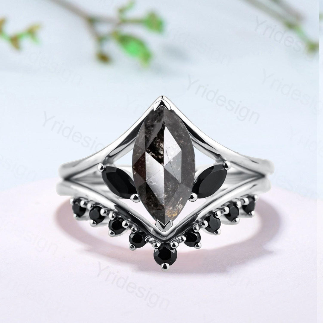 Marquise Salt and Pepper Diamond Ring Set, Black Spinel Accent, Handmade - PENFINE