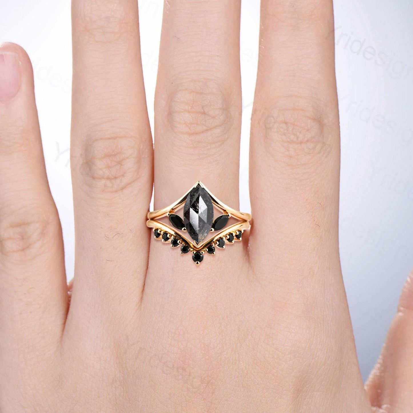 Marquise Salt and Pepper Diamond Ring Set, Black Spinel Accent, Handmade - PENFINE