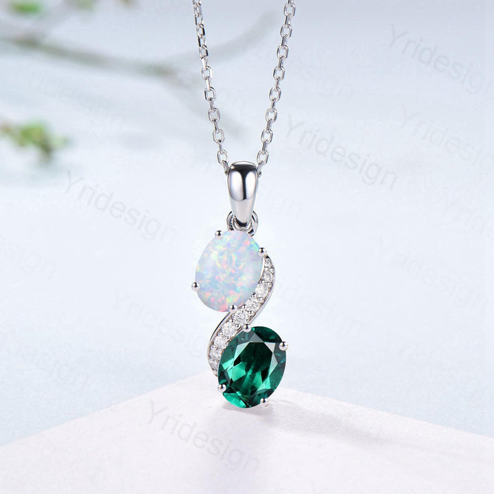 Unique Oval Cut Opal Emerald Pendant Necklace, Moissanite Diamond Accent, 14K White Gold - PENFINE