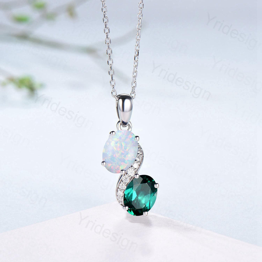 Unique Oval Cut Opal Emerald Pendant Necklace, Moissanite Diamond Accent, 14K White Gold - PENFINE