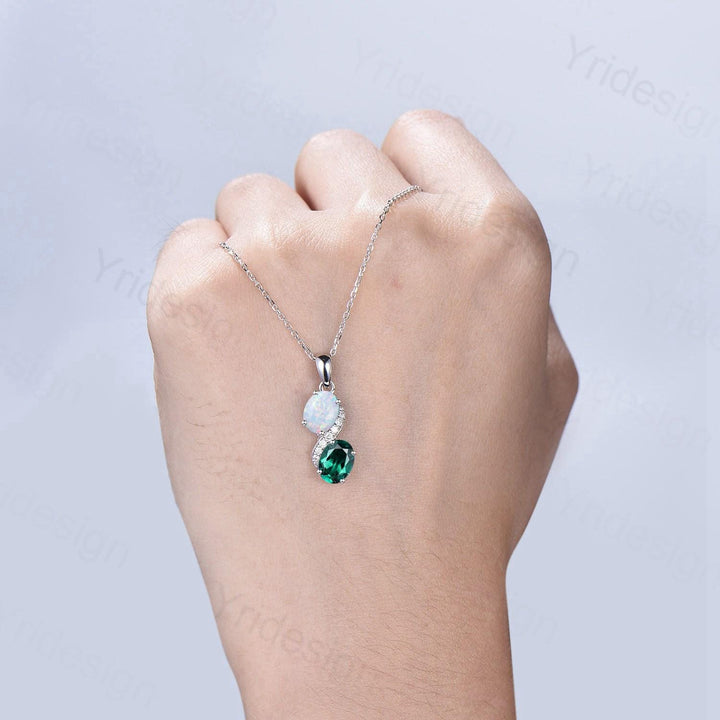 Unique Oval Cut Opal Emerald Pendant Necklace, Moissanite Diamond Accent, 14K White Gold - PENFINE