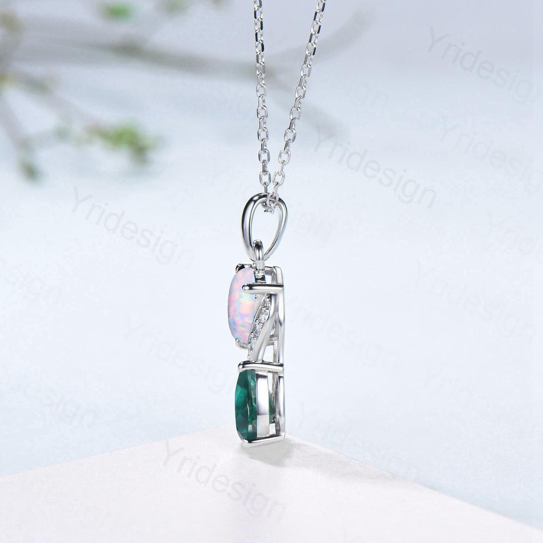 Unique Oval Cut Opal Emerald Pendant Necklace, Moissanite Diamond Accent, 14K White Gold - PENFINE