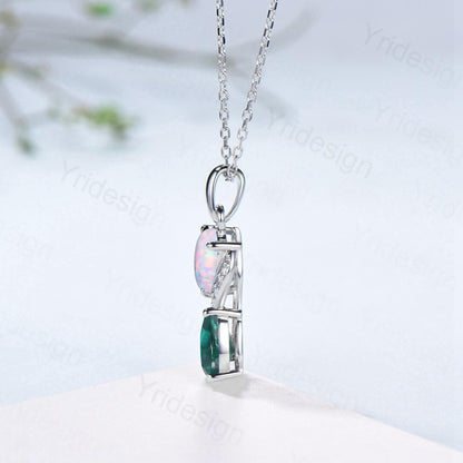 Unique Oval Cut Opal Emerald Pendant Necklace, Moissanite Diamond Accent, 14K White Gold - PENFINE