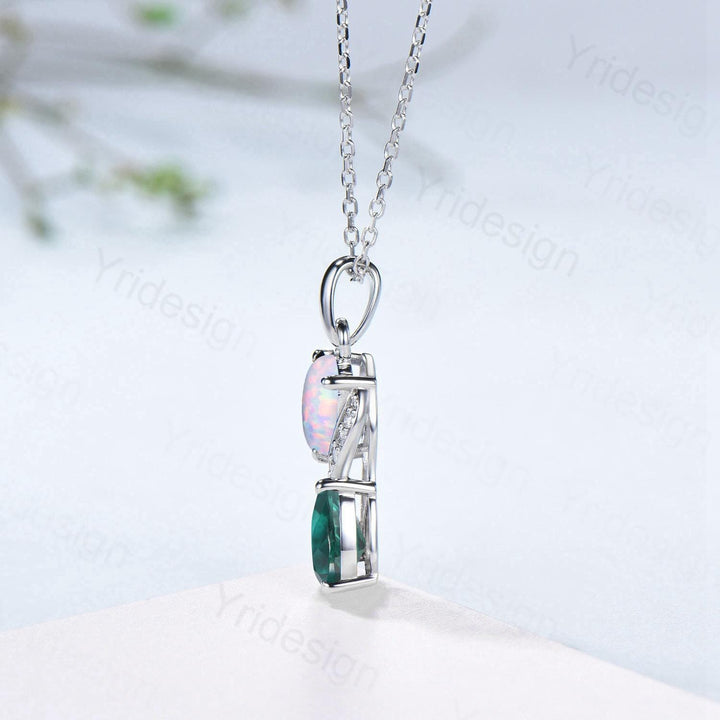 Unique Oval Cut Opal Emerald Pendant Necklace, Moissanite Diamond Accent, 14K White Gold - PENFINE