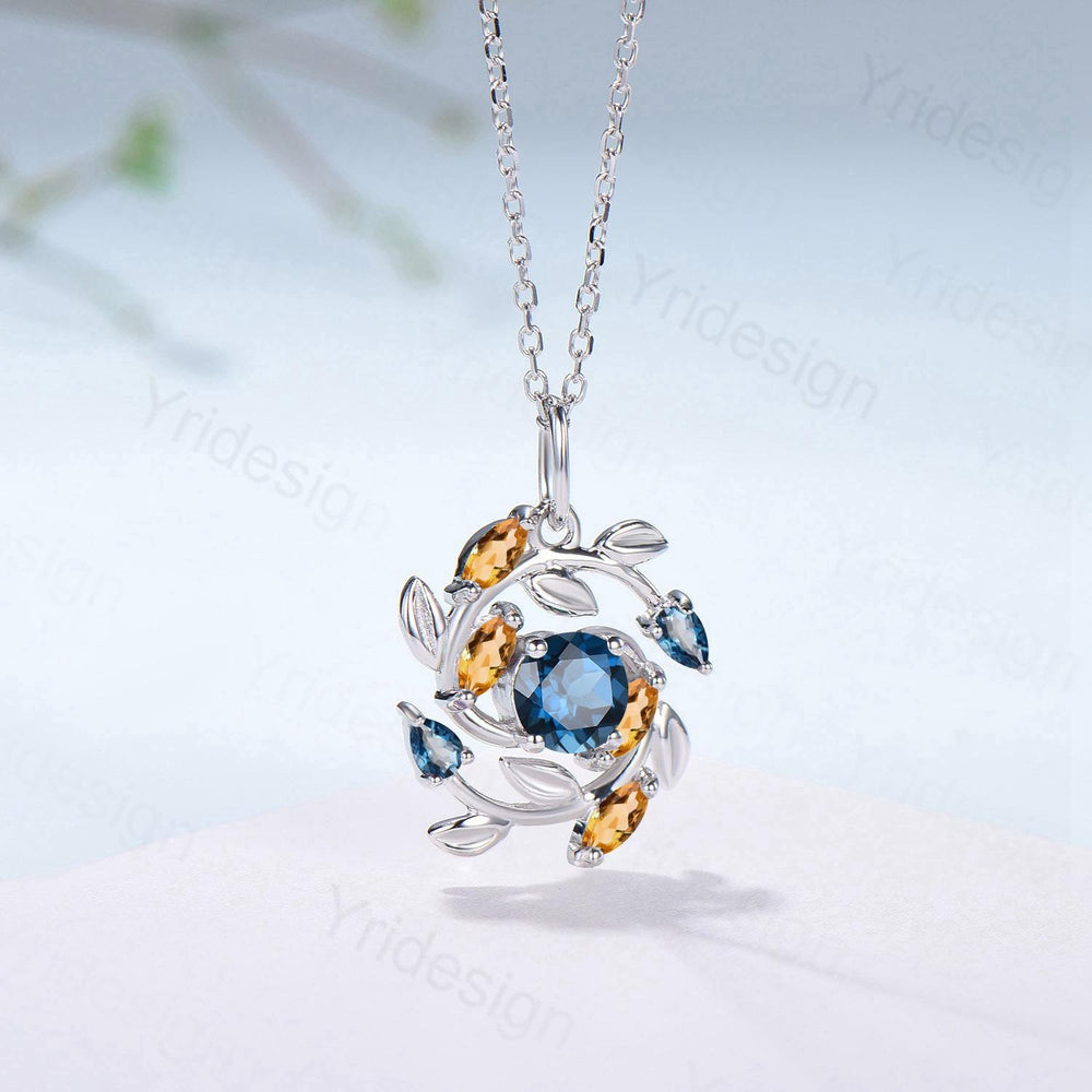 5mm Round Nature Inspired London Blue Topaz Necklace Unique Marquise Citrine Necklace Flower Wreath Pendant Snowflake Anniversary gift women - PENFINE