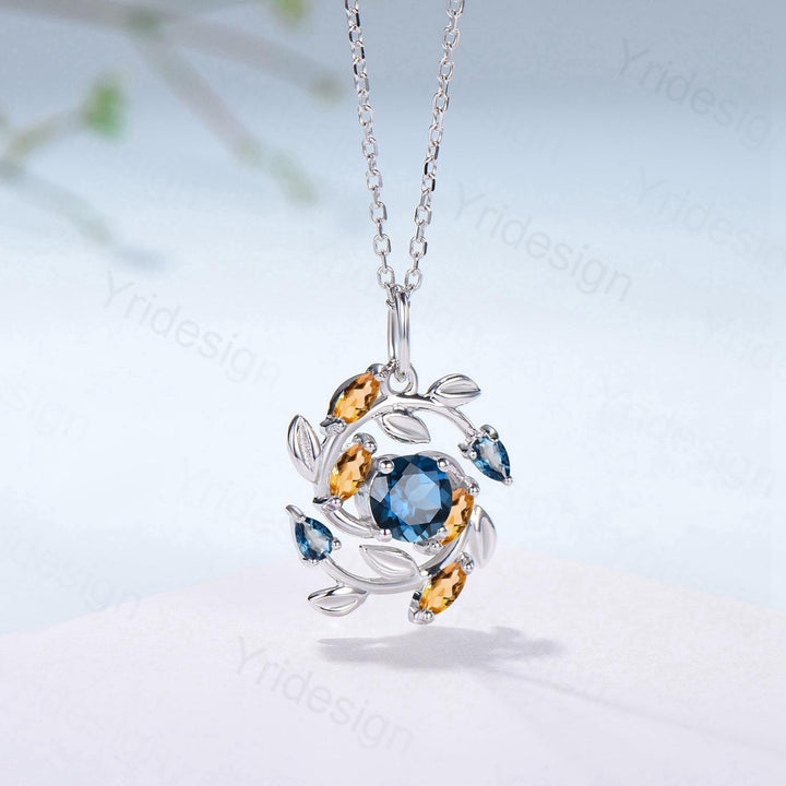 5mm Round Nature Inspired London Blue Topaz Necklace Unique Marquise Citrine Necklace Flower Wreath Pendant Snowflake Anniversary gift women - PENFINE