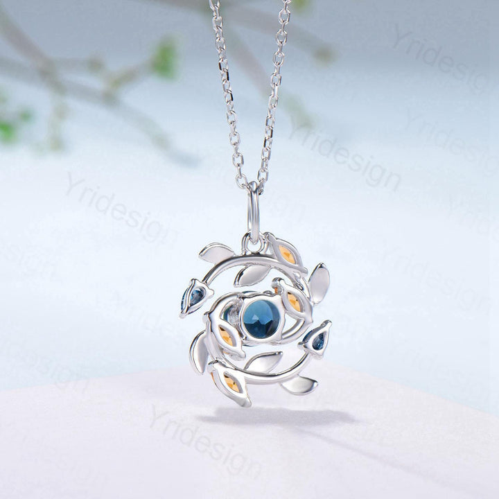 5mm Round Nature Inspired London Blue Topaz Necklace Unique Marquise Citrine Necklace Flower Wreath Pendant Snowflake Anniversary gift women - PENFINE