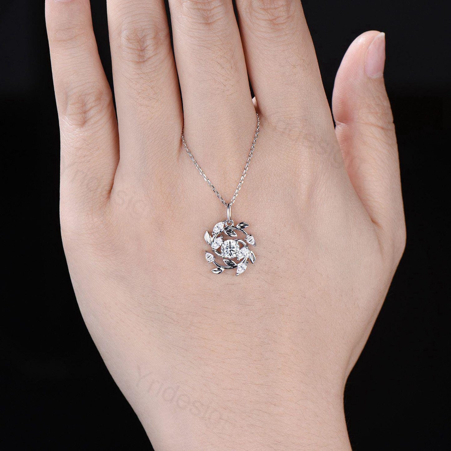 All stones are moissanite or lab grown diamonds 4pcs 4x2mm marquise cut 2pcs 3x2mm pear shaped 1pc 5mm round cut Chain: 16-18 Inches - PENFINE