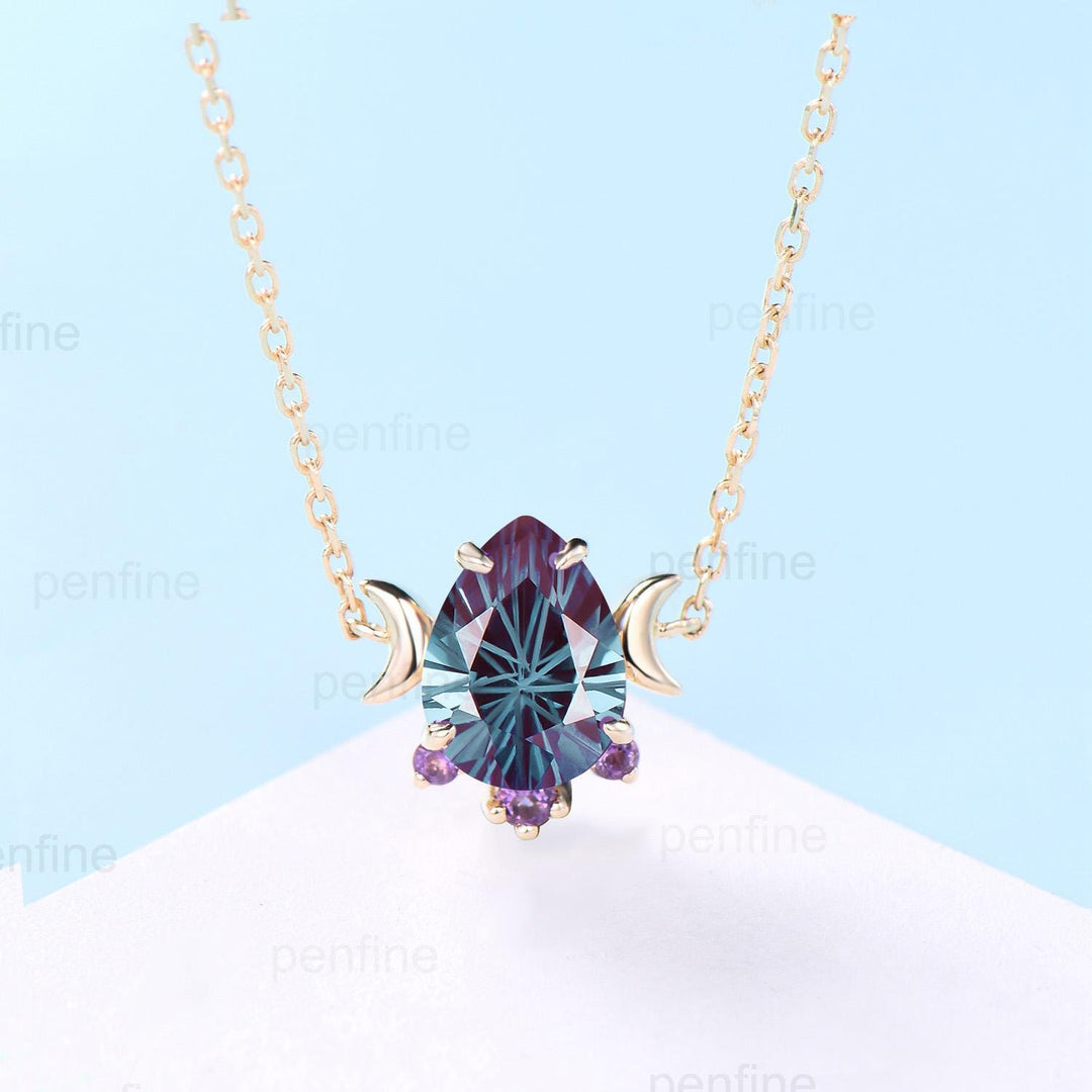 Teardrop Fireworks Cut Alexandrite Pendant Necklace, Cluster Amethyst, Crescent Moon, Sterling Silver - PENFINE
