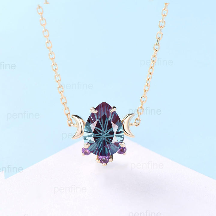 Teardrop Fireworks Cut Alexandrite Pendant Necklace, Cluster Amethyst, Crescent Moon, Sterling Silver - PENFINE