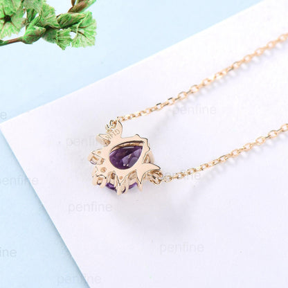 Teardrop Fireworks Cut Alexandrite Pendant Necklace, Cluster Amethyst, Crescent Moon, Sterling Silver - PENFINE