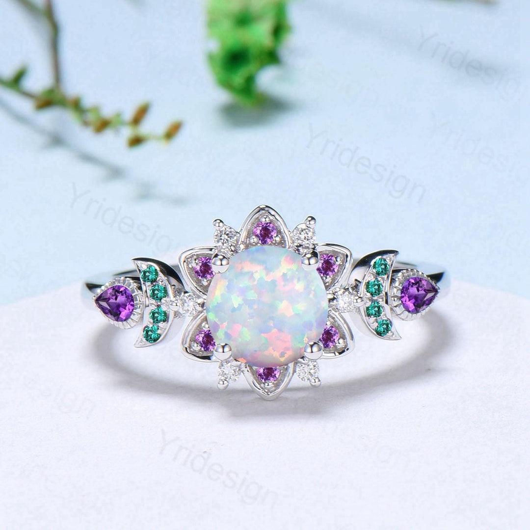 Floral White Fire Opal Engagement Ring, Emerald & Amethyst Lotus,  White Gold Moon Jewelry - PENFINE
