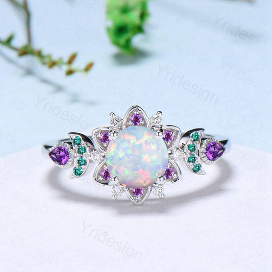 Floral White Fire Opal Engagement Ring, Emerald & Amethyst Lotus,  White Gold Moon Jewelry - PENFINE