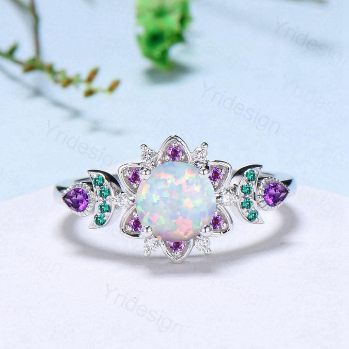 Floral White Fire Opal Engagement Ring, Emerald & Amethyst Lotus,  White Gold Moon Jewelry - PENFINE