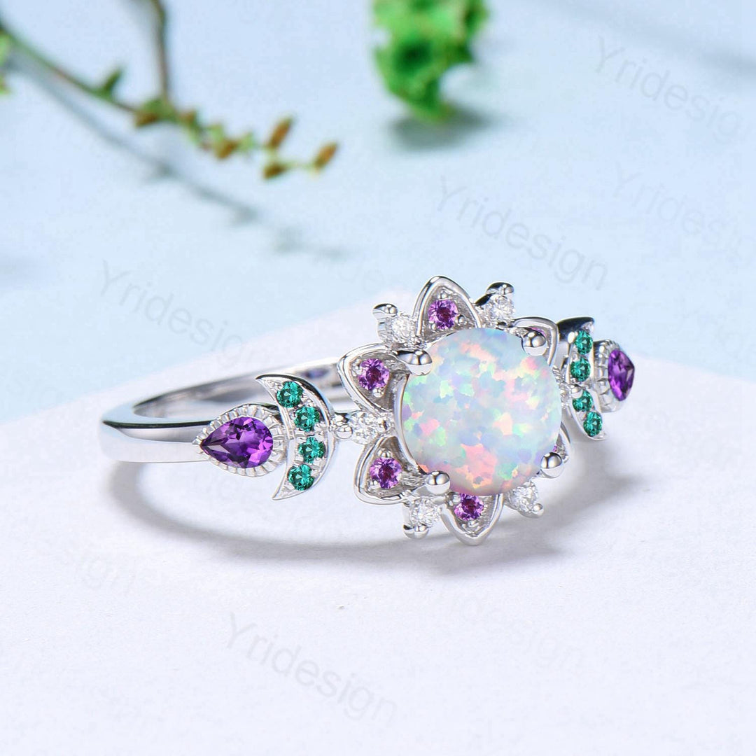 Floral White Fire Opal Engagement Ring, Emerald & Amethyst Lotus,  White Gold Moon Jewelry - PENFINE
