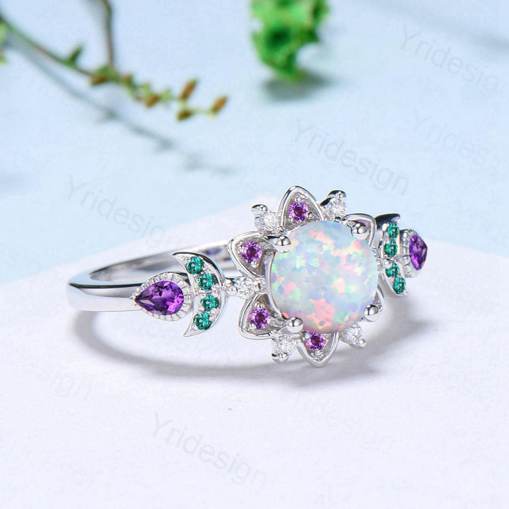 Floral White Fire Opal Engagement Ring, Emerald & Amethyst Lotus,  White Gold Moon Jewelry - PENFINE