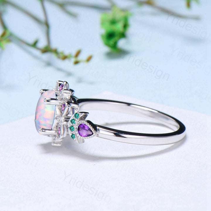 Floral White Fire Opal Engagement Ring, Emerald & Amethyst Lotus,  White Gold Moon Jewelry - PENFINE