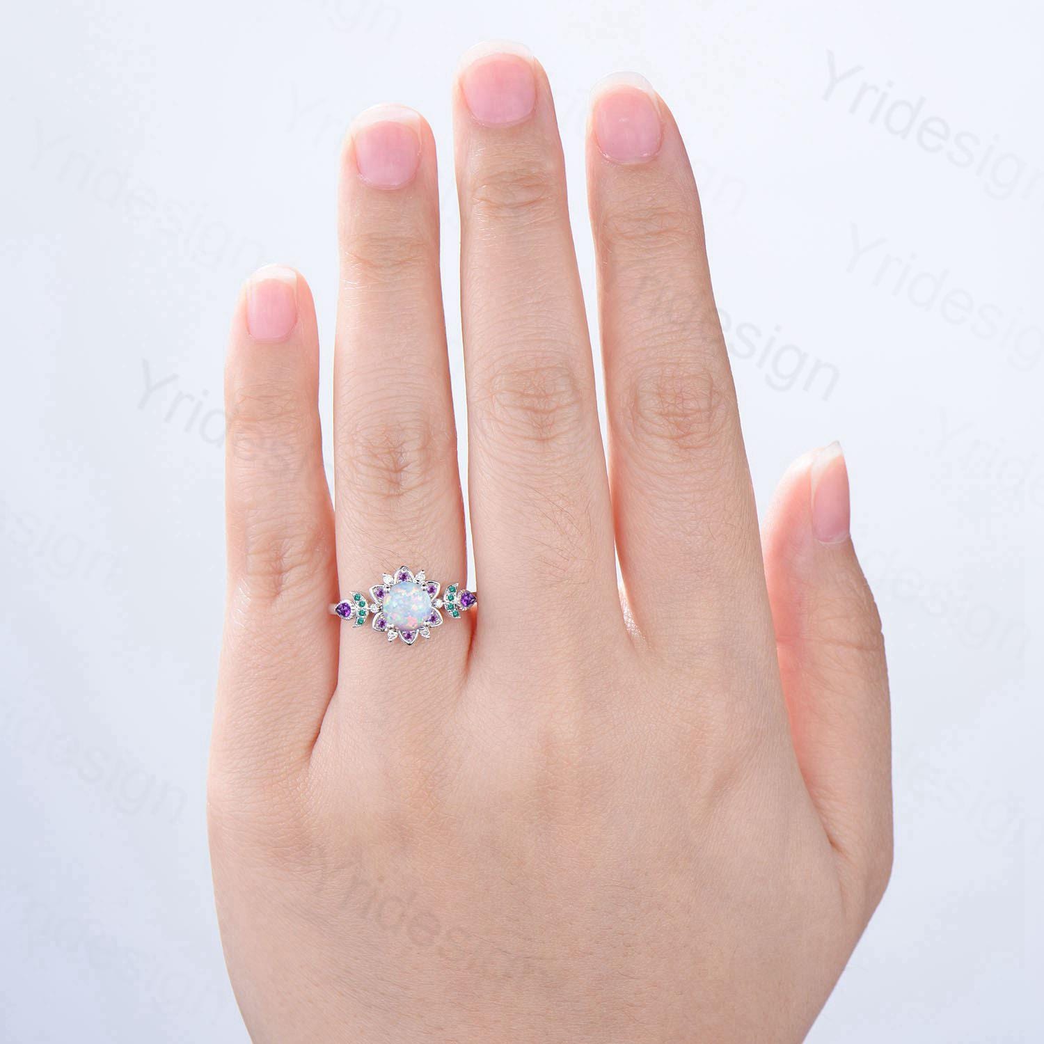 Floral White Fire Opal Engagement Ring, Emerald & Amethyst Lotus,  White Gold Moon Jewelry - PENFINE