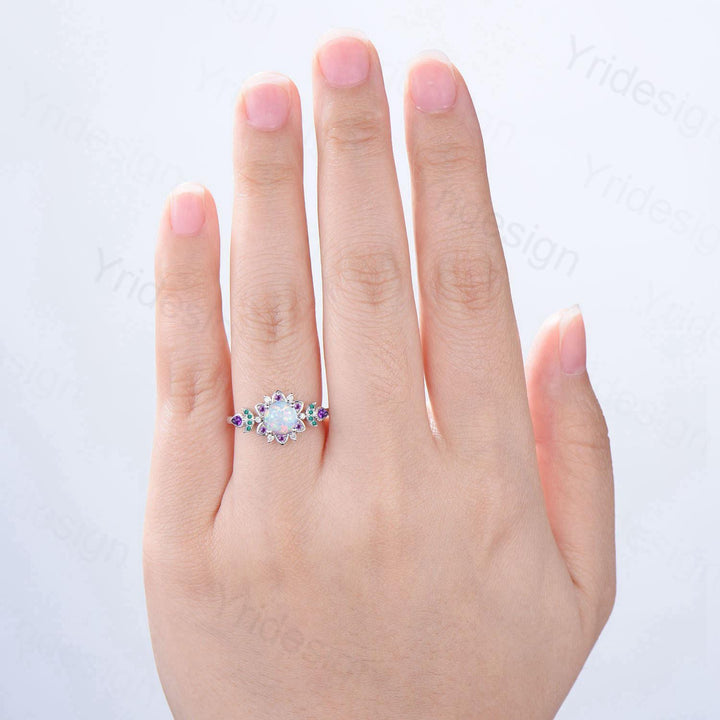 Floral White Fire Opal Engagement Ring, Emerald & Amethyst Lotus,  White Gold Moon Jewelry - PENFINE