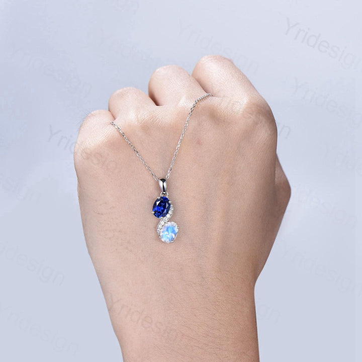 Vintage Oval Blue Sapphire Moonstone Snake Pendant Necklace, Art Deco Promise Gift - PENFINE