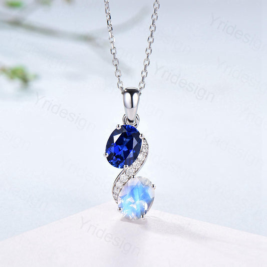 Vintage Oval Blue Sapphire Moonstone Snake Pendant Necklace, Art Deco Promise Gift - PENFINE